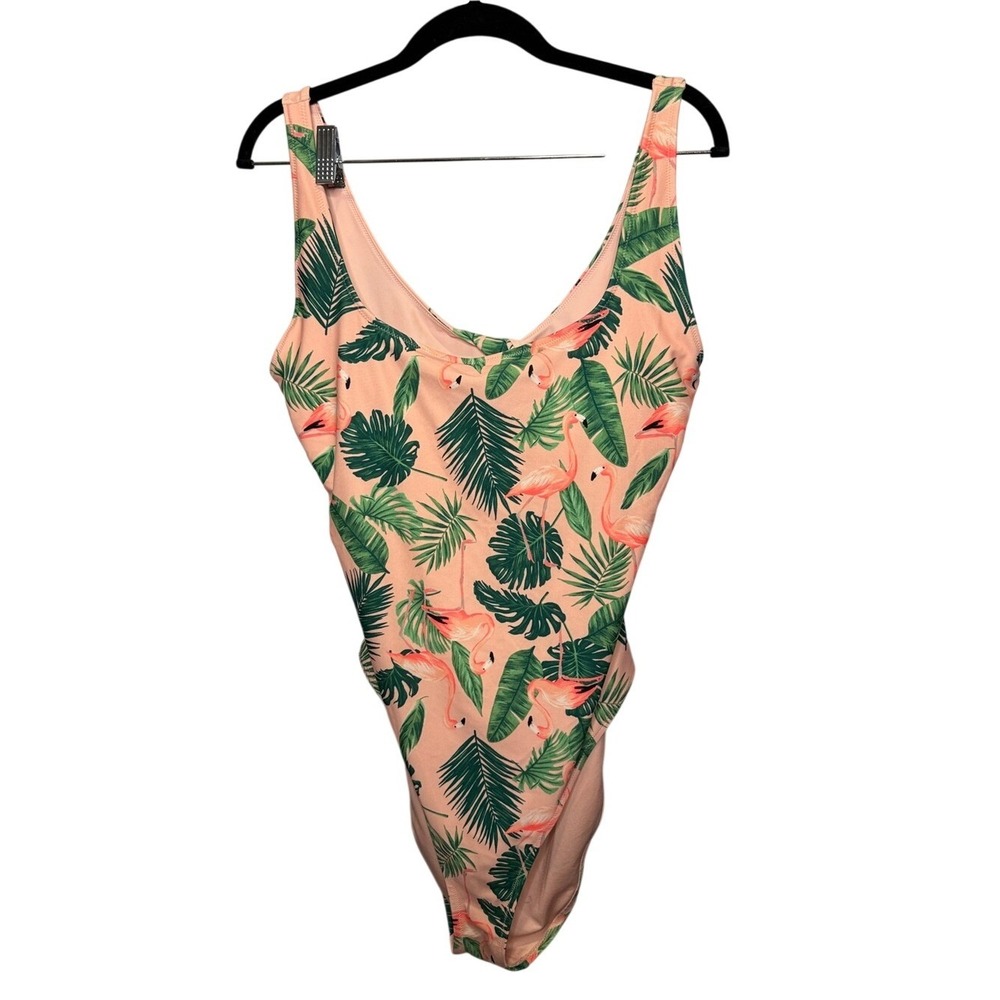 Old Navy Flamingo Tropical Palm Piece Swimsuit Peach XL Open Back Twist